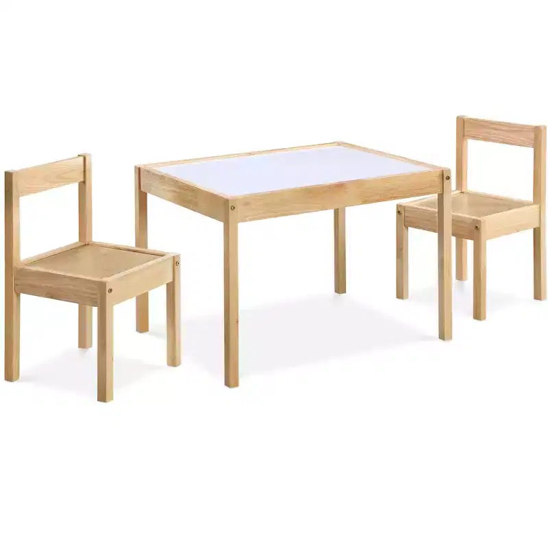 Etokfoks 3 Piece Kids Table and Chair Set with Dry Erase Tabletop Solid Wood Durable Natural Finish Includes 2 Chairs