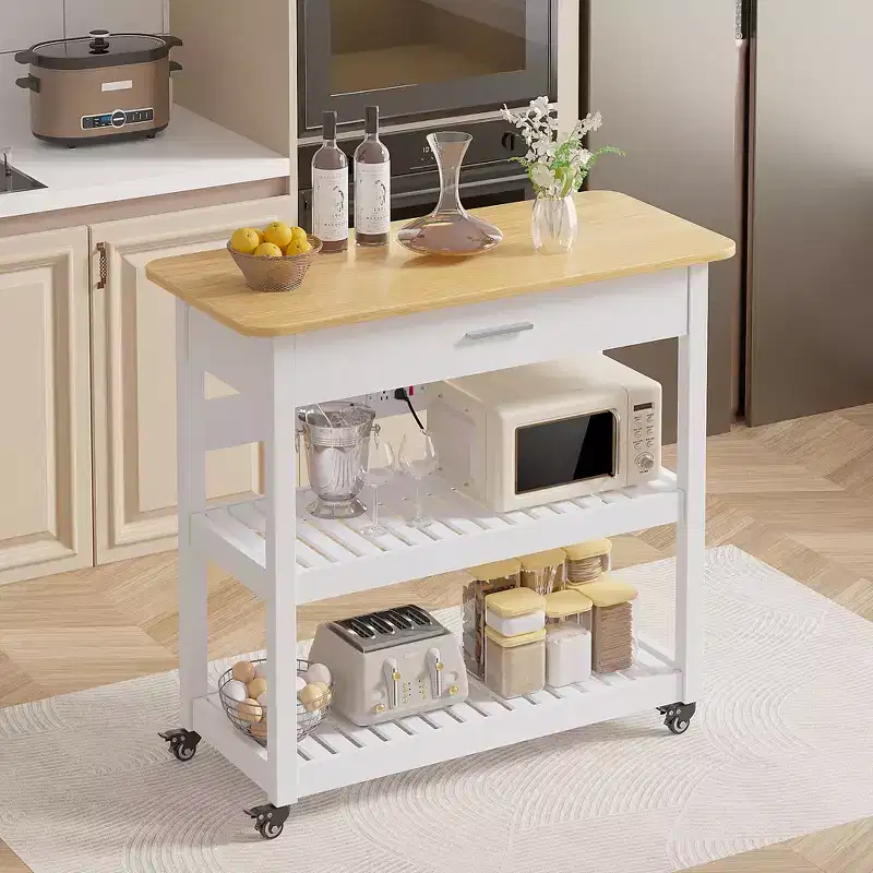 VECELO 40 Kitchen Island Cart on Wheels, Rolling Utility Cart with Drawer & Power Strip, 2 Storage Shelves for Kitchen, White