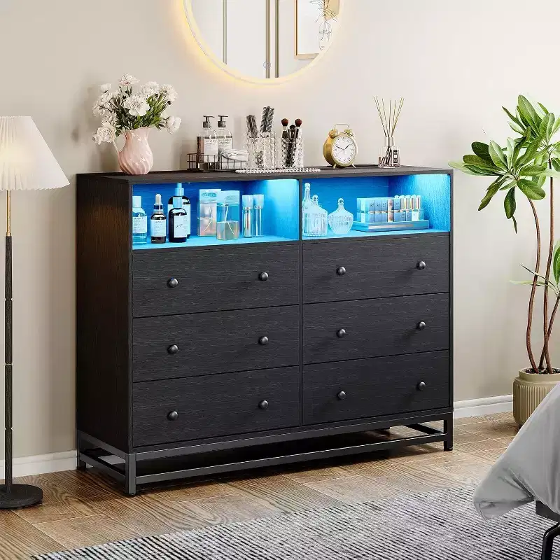 Acekool 6 Drawer Dresser with Power Outlets, Modern Chest Organizer with Storage Fence and Metal Legs, TV Stand for Bedroom, Living Room, Entryway