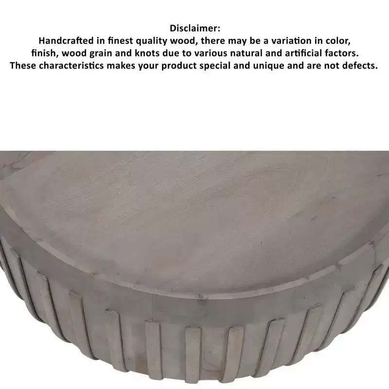 36 Inch Coffee Table, Handcrafted Drum Shape with Ribbed Edges, Mango Wood