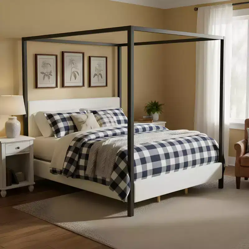Queen/King Size Canopy Bed Upholstered Platform Bed Frame with Soft Padded Headboard & Sturdy Black Metal Frame, White - ModernLuxe