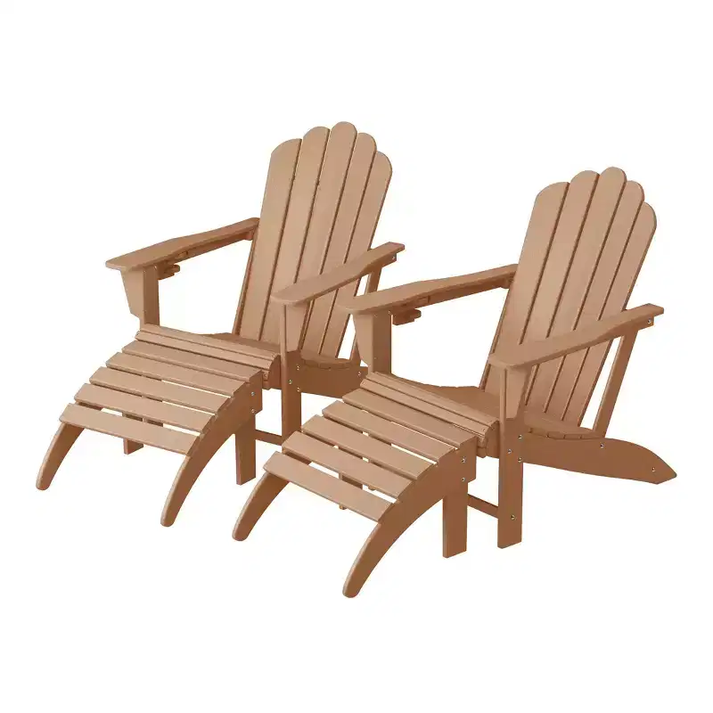 WestinTrends Highland 4-Piece Outdoor Patio HDPE Adirondack Chairs With Ottomans and Cup Holder Set, Teak