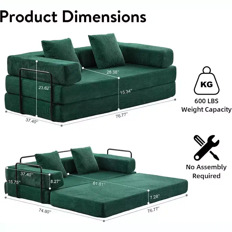 MooxvMoo Floor Sofa Bed Convertible, Corduroy Futon Couch with Pillow, Sleeper for Living Room Bedroom, Green