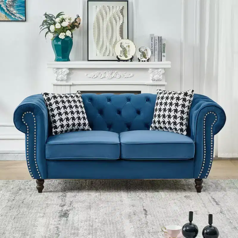 Chesterfield Velvet Upholstered Sofa with Roll Armrest and Nailhead