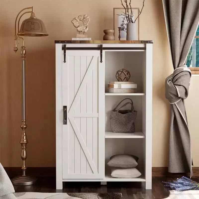 Farmhouse Modern 5 Drawer Tall Dresser w/Sliding Barn Door, Storage Organizer Dresser for Bedroom, Living Room & Kids Room