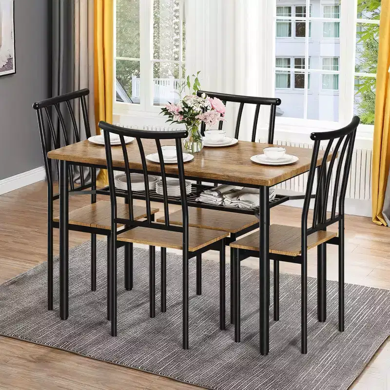 Modern Dining Table Set for 4, Metal and Wood Kitchen Table, Square Kitchen Table Set, for Breakfast Nook, Living Room