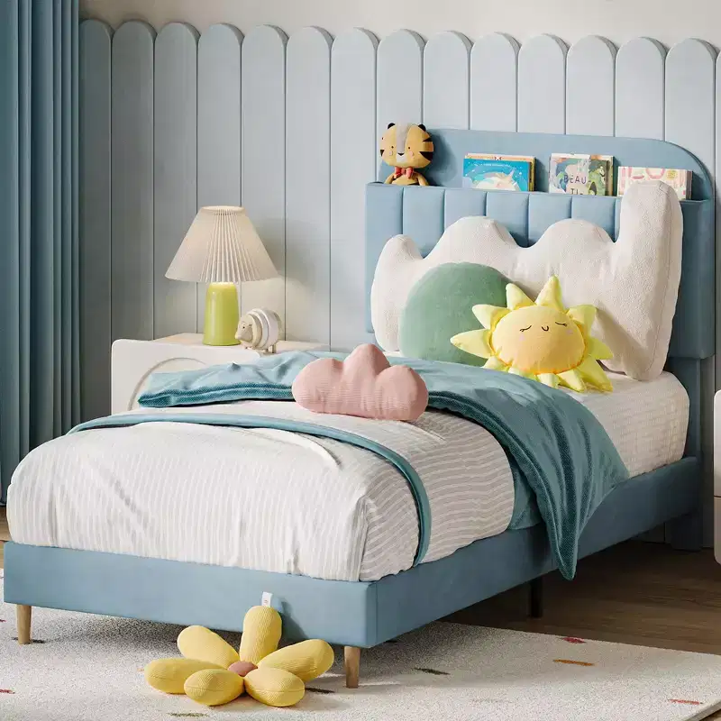 Twin Bed Frame with Bookcase Headboard, Upholstered Velvet Platform Bed - Heavy Duty Steel Legs, Noise-Free, Easy Assembly