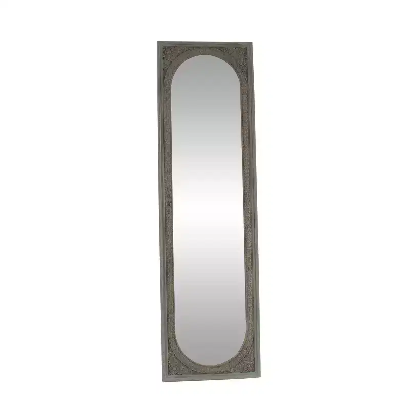 Natural wood brown console mirror: Bohemian style, rectangular, no assembly required.