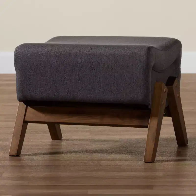 Mid-Century Modern Fabric Wood Ottoman – Bent Seat, Angled Legs, Foam Padded