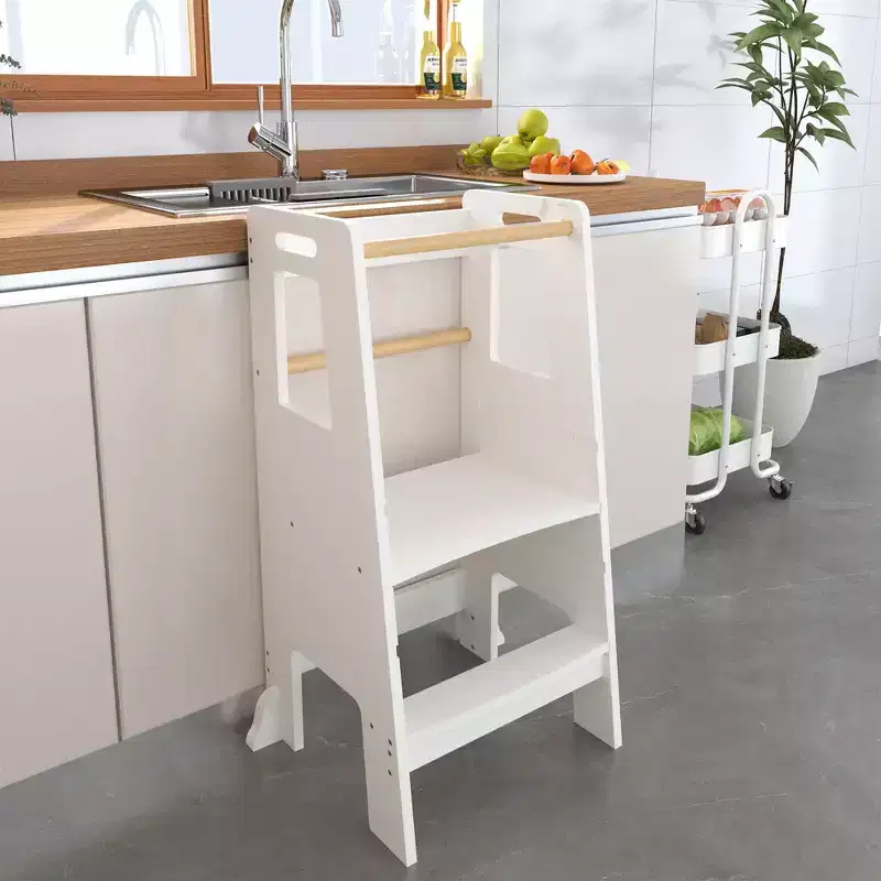 Children's Standing Tower, Kitchen Step Stool, Toddler Wooden Step Stool - Height Adjustable, for Kitchen Use, White