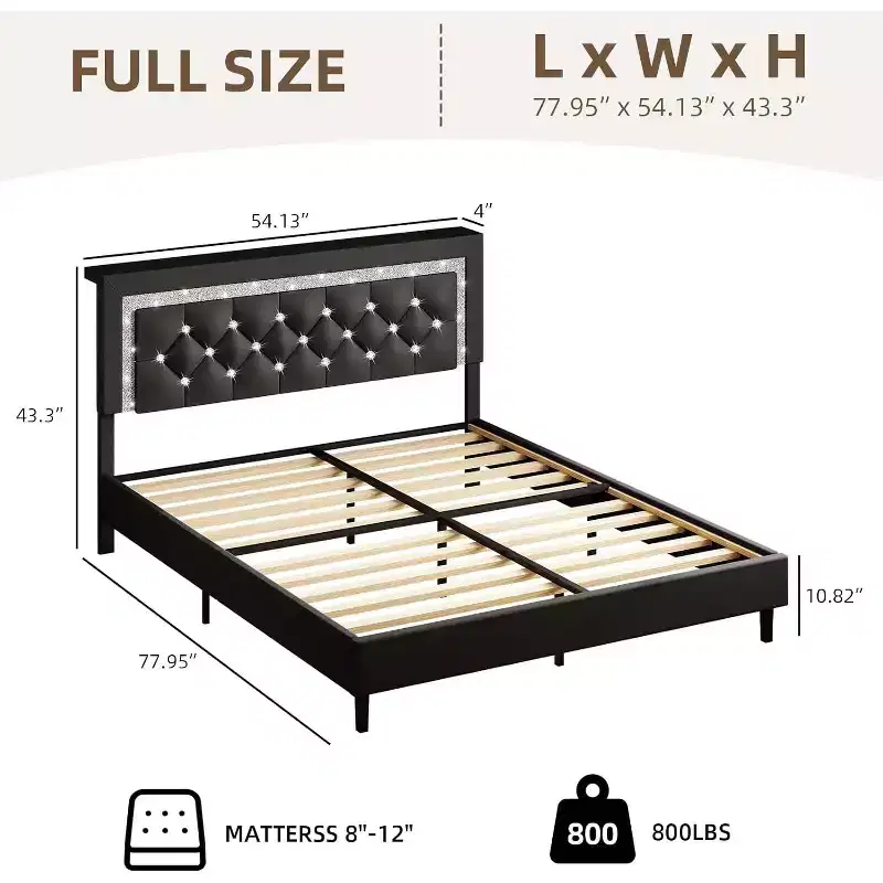 Platform Bed Frame with Upholstered Diamond Tufted Headboard, Wood Slat Support, No Box Spring Required for Full, Queen or King Size