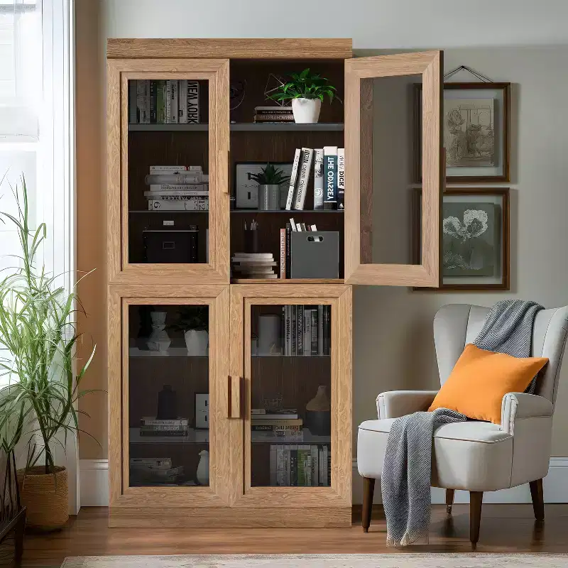 31 in Wood Storage Cabinet with 2 Glass Doors and Adjustable Shelf, for Kitchen, Bedroom, Living Room, Natural
