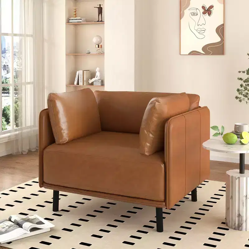 MAYEERTY 39 Vintage Brown Faux Leather Lounge Chair with Polyester/PU Upholstery, Wood Frame & Steel Legs