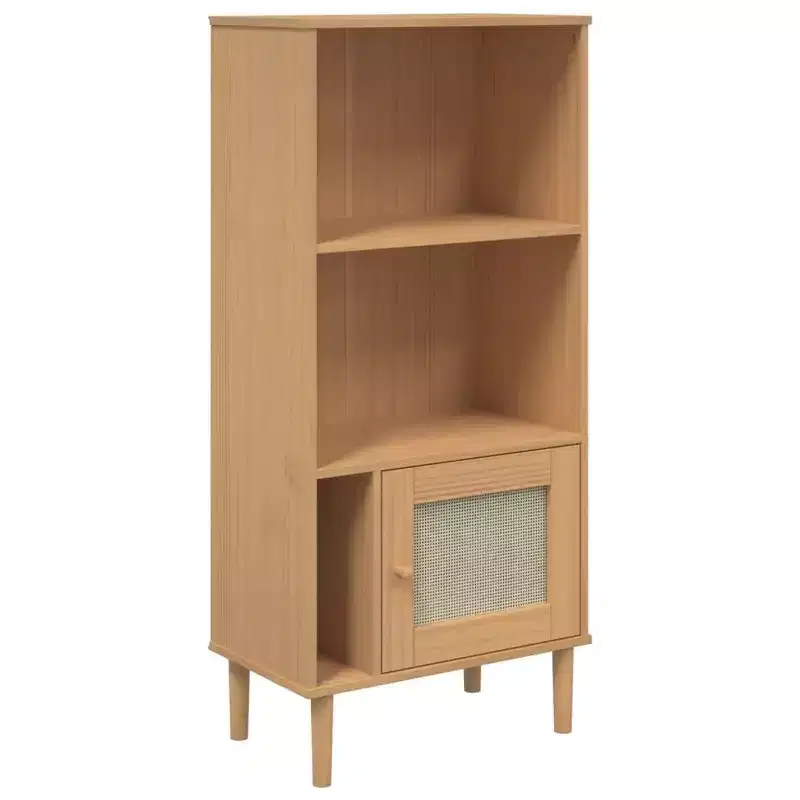 Pine Wood Bookcase with Rattan Look