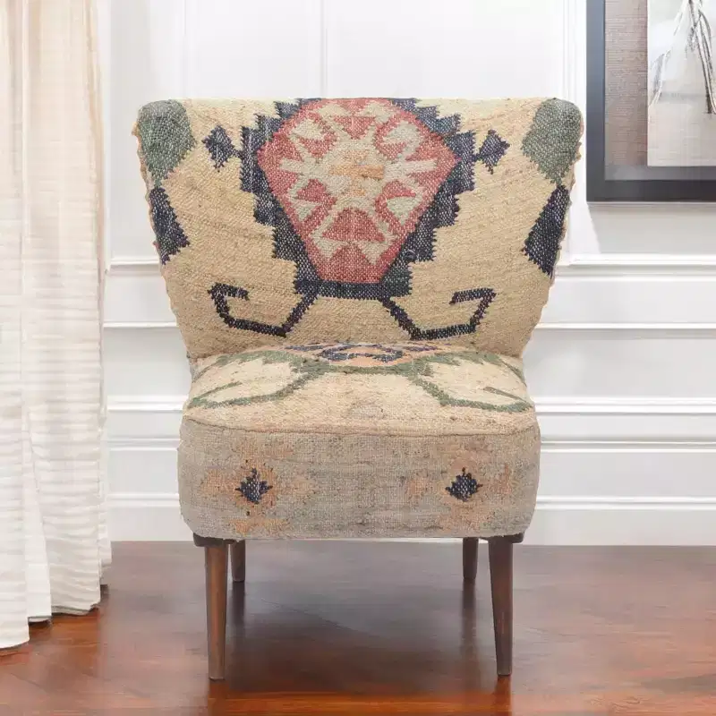 HomeRoots 26 Beige Blue and Red Jute Southwestern Wingback Chair