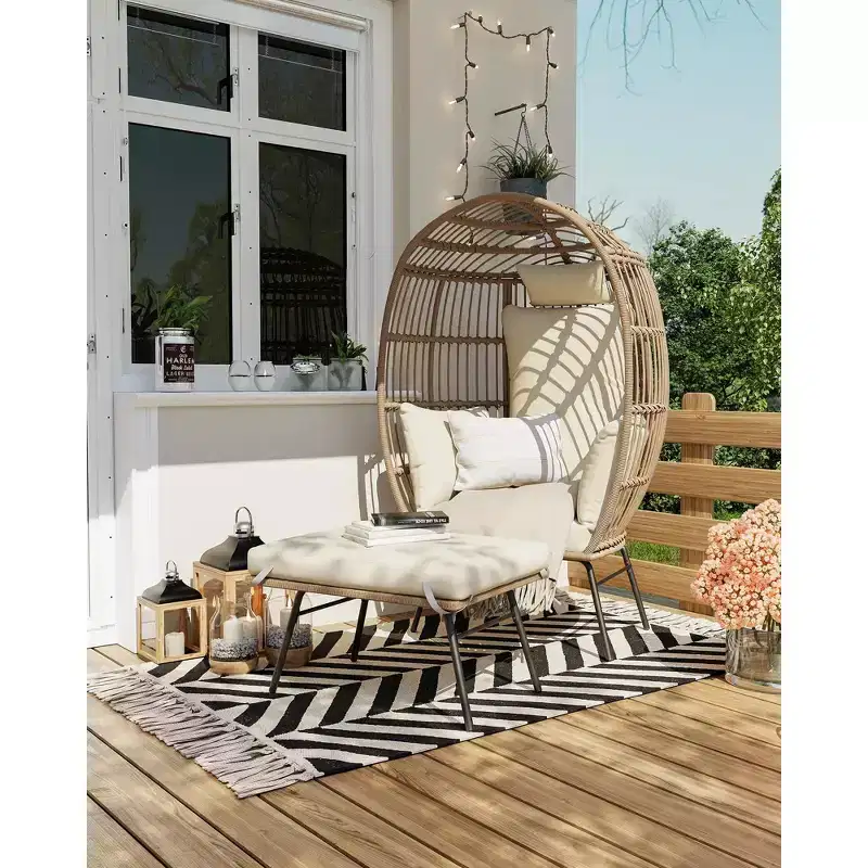 Oversize Wicker Egg Chair with Ottoman, Egg Basket Lounge Chair with Thick Cushion, Comfy Egg Rattan Seat for Indoor Outdoor Patio Porch