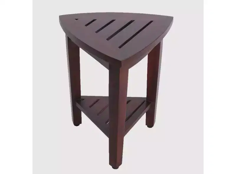 Compact Teak Corner Shower Outdoor Bench With Shelf In Brown Finish