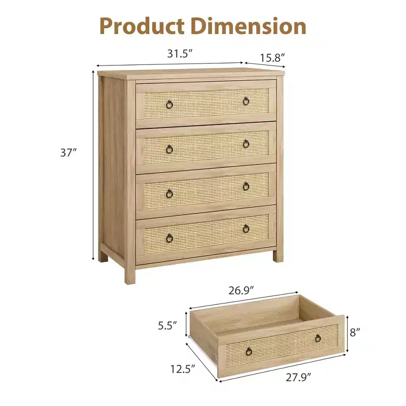 4 Drawer Dresser for Bedroom, Rattan Chest of Drawers with Metal Handles, 37 Tall Narrow Nightstand, Wooden Clothes Storage Cabinet for Living Room