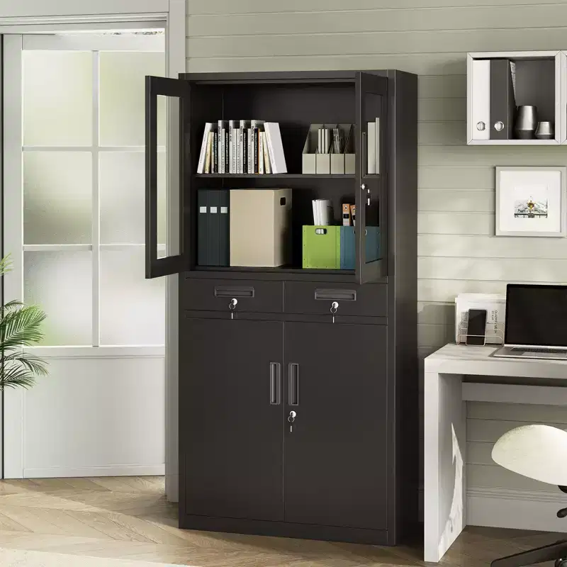 71 Metal Storage Cabinet with Glass Doors, 2 Drawers & Adjustable Shelves, Heavy Duty Locking Steel Organizer for Garage, Office, Workshop, School