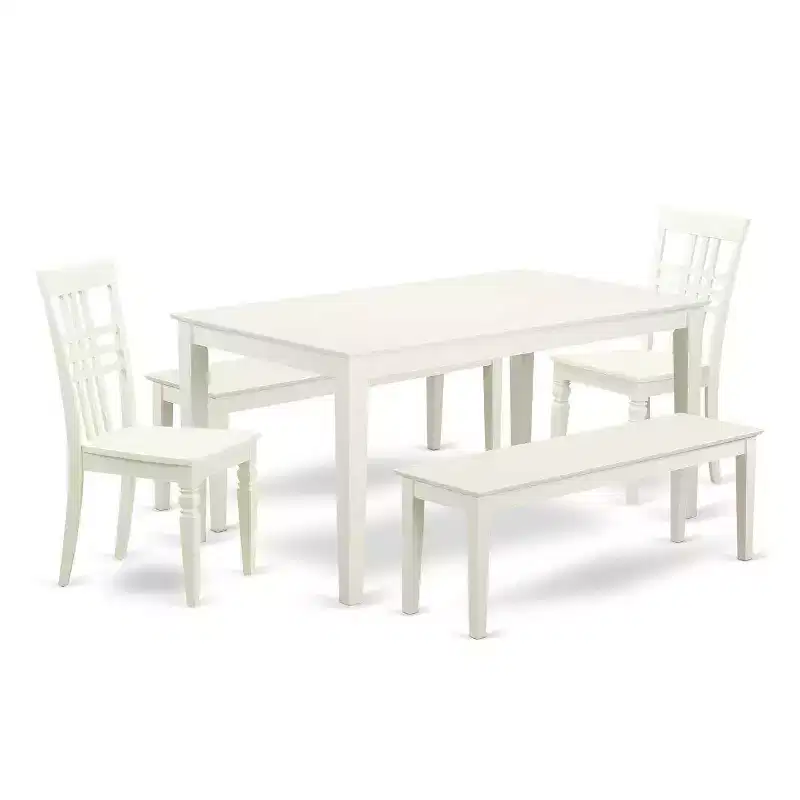 HomeStock 5-Piece Rectangle Linen White Finish Solid Wood Top Dining Table with 2 Benches, 2 Chairs