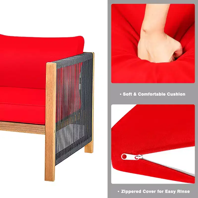 Costway 4PCS Wooden Patio Furniture Set Cushioned Sofa W/Rope Armrest White\Turquoise\Red