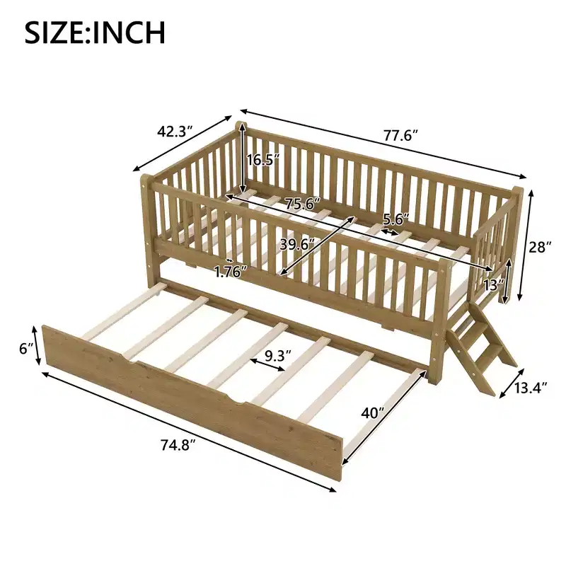Twin Size Bed Frame with Trundle & Guardrail, Low Profile Platform Bed with Stairs for Boys and Girls