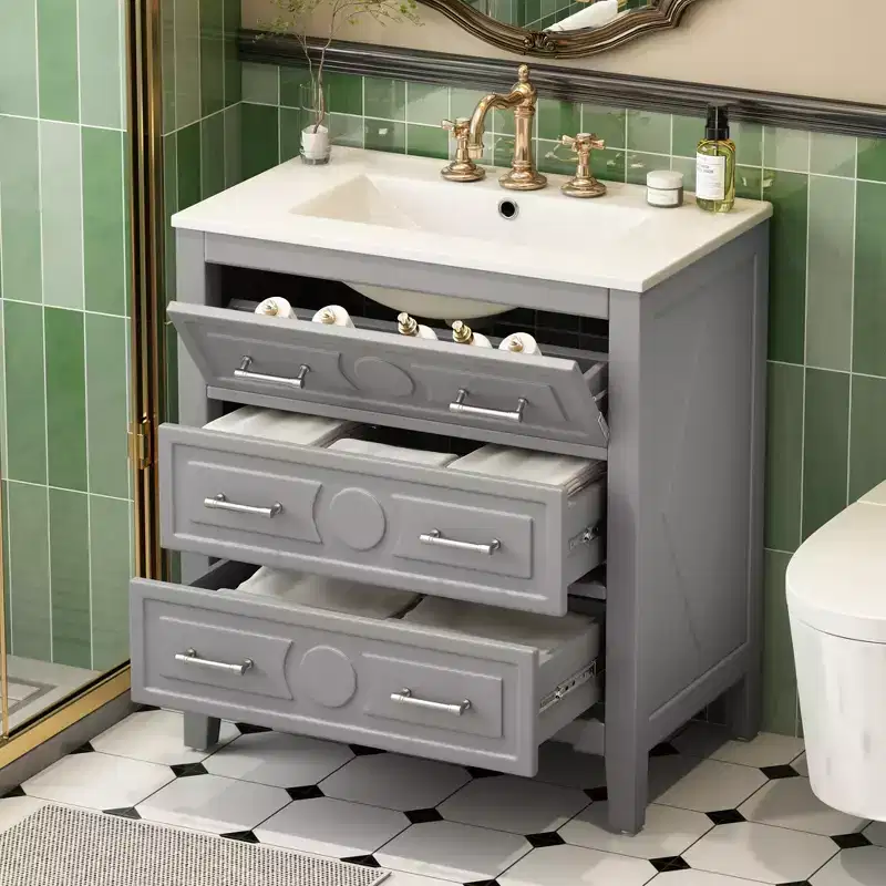 Bathroom vanity with ceramic sink, freestanding vanity set with 3 drawers, solid wood frame bathroom storage cabinet