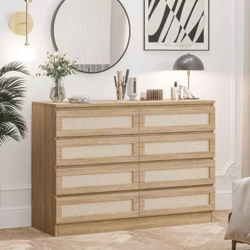 Rattan Dresser for Bedroom, Modern 8 Drawer Wooden Dresser Chest, Wide Wood Beside Table for Closet, Nursery, Living Room and Entryway
