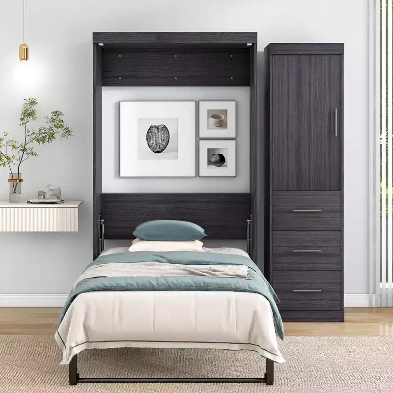 Wood Murphy Bed with Wardrobe and Drawers