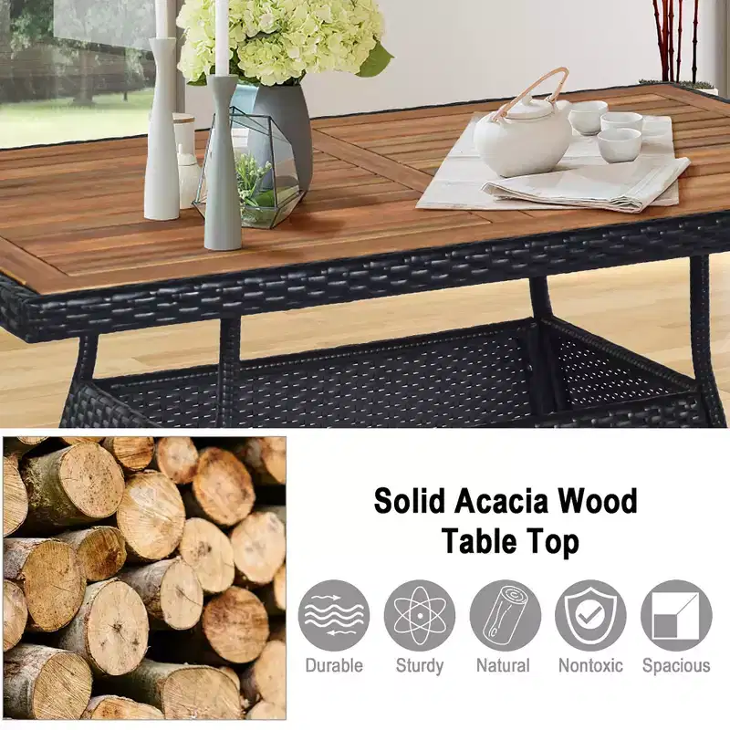 Costway 5 PCS Patio Rattan Furniture Set Wood Top Table Cushioned Chairs Garden Yard Deck