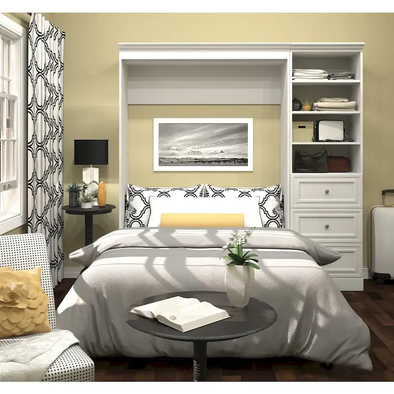 White / Tuscany Brown Full Murphy Bed with Closet Organizer & Drawers, 84W