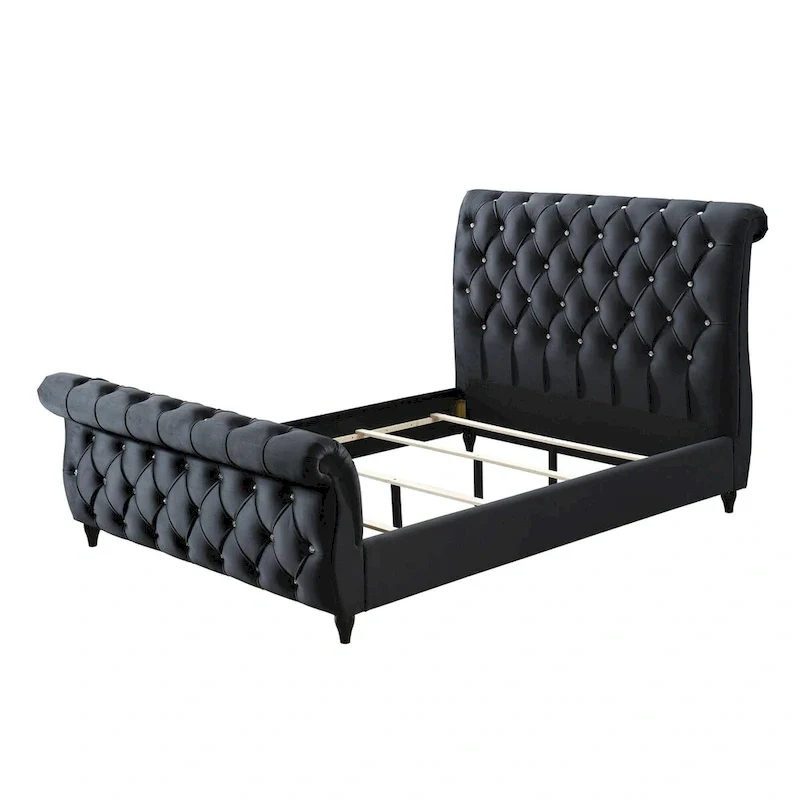 Ellowen Queen Size Bed, Diamond Tufted Black Upholstery, Panel Headboard