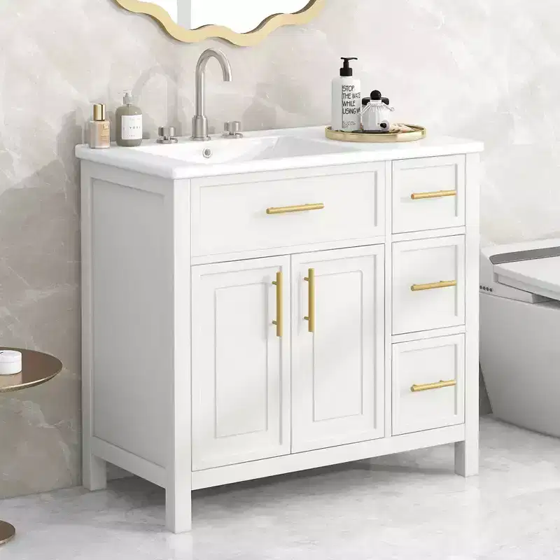 36 Bathroom Vanity with Sink Top 2 Doors 3 Drawers Solid Wood MDF White