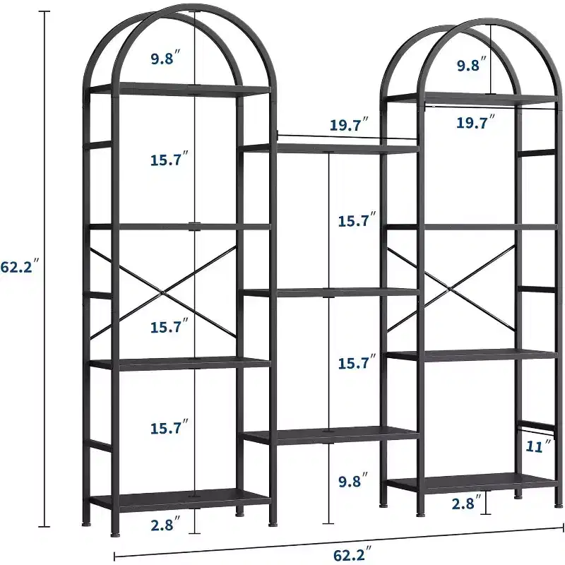 4 Tier Arched Bookshelf, 11 Open Display Shelves, Metal Frame & Wood Shelves, Wide Tall Standing Storage Rack for Living Room, Bedroom, Home Office