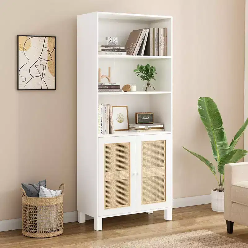 TUYOHW Tall Bookcase with Rattan Doors,5-Shelf Freestanding Storage Cabinet,Bookshelf for Living Room,Bedroom,Home Office