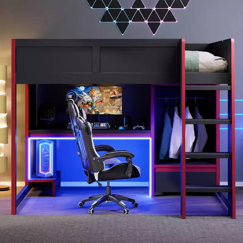 Modern Wooden Loft Bed with Built-in Desk, Wardrobe, LED and 1 Drawer