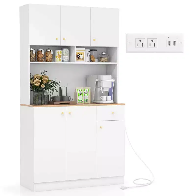 Costway 71 Tall Pantry Cabinet with Outlets USB Ports Anti-Tipping Kits Adjustable Shelves White