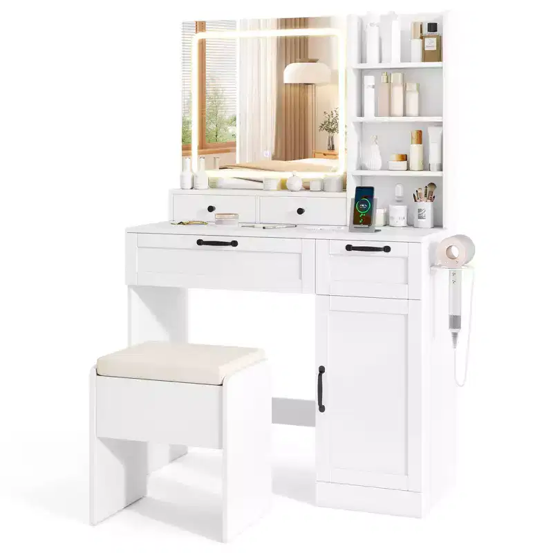 Vanity w/Cushioned Stool Makeup Table w/Adjustable Lighting Mode Brightness