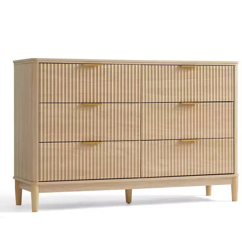 LINSY HOME Fluted 6 Drawer Dresser for Bedroom, Mid Century Modern Large Chest of Drawers with Gold Metal Handles, Wide Boho Wood Dressers