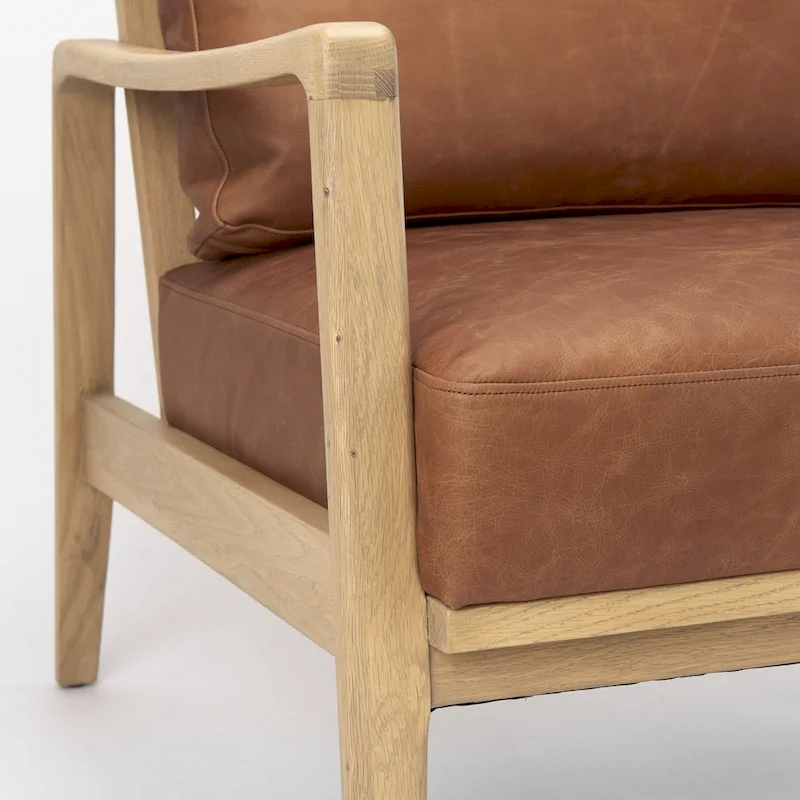 Raeleigh Cognac Brown Genuine Leather w/ Light Brown Solid Beechwood Frame Accent Chair - 27.9W x 34D x 34.4H