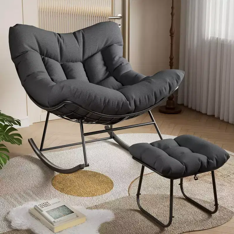 TROPOW Outdoor Papasan Rocking Chair with Ottoman, Oversized Patio Wicker Egg Chair with Soft Thick Cushio, Lounge Rocker, Comfy Reading Chairs