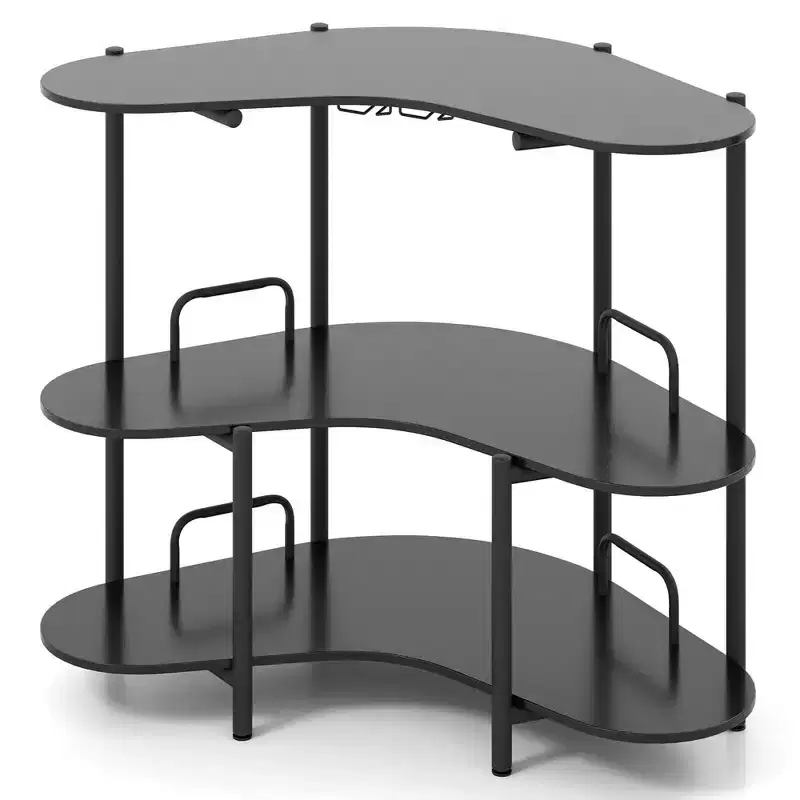 3-Tier Home Bar Unit with Stemware Racks & Storage Shelves with Metal Frame Brown/Black
