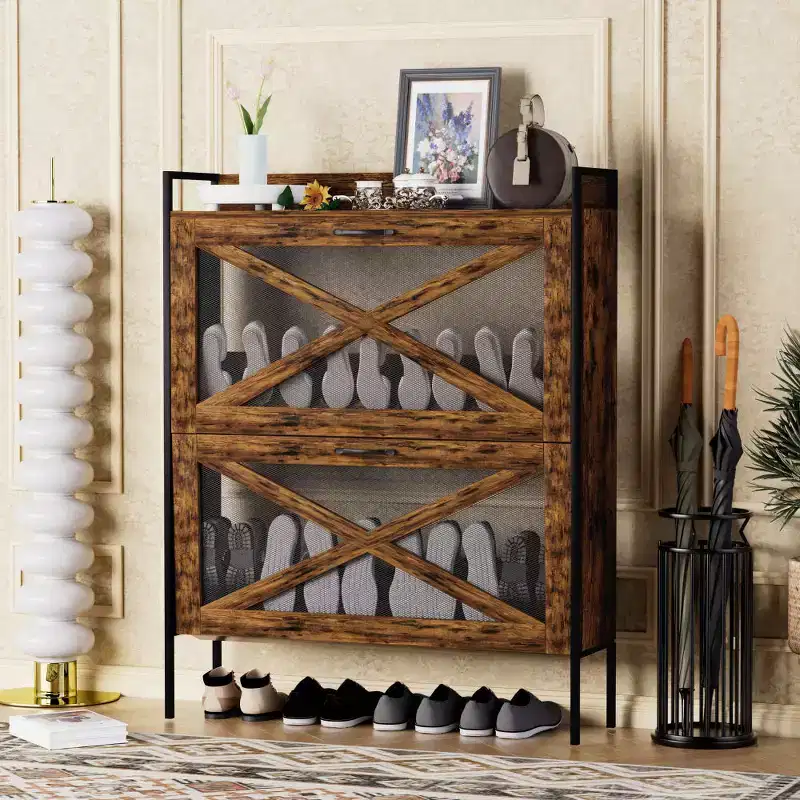 Chic Crate-2-Drawer Flip-Top Shoe Cabinet  Narrow | Entryway | Metal Legs | Rustic Brown | 31.5inx8.5inx39.5in
