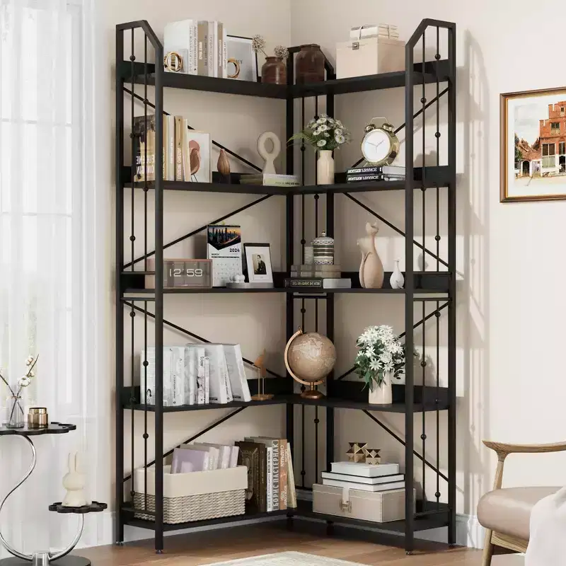 Corner Bookshelf 72 L Shaped Bookcase, Corner Bookshelves Industrial Bookcase 5 Tier L-Shape Bookshelf, Large Bookcases with Beaded Design