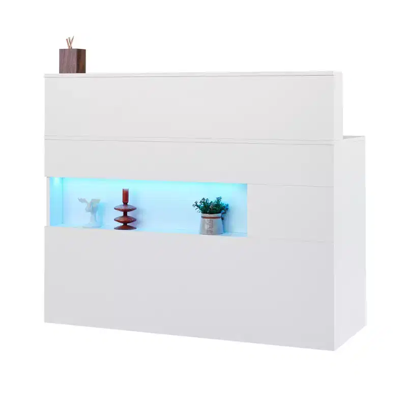 VEVOR Reception Desk, 47 Inch Rectangular Front Counter Table, Office Reception Desk with LED Light, 2 Drawers and Power Outlets, White