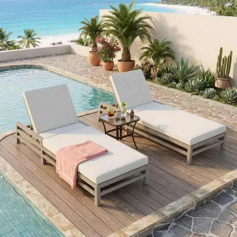 Merax 5-Position Acacia Outdoor Chaise Lounge with Thick Cushions