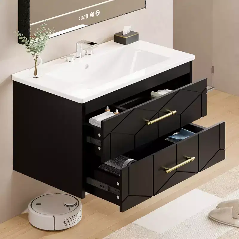Modern Floating Bathroom Vanity Set with Basin - Wall-Mounted Cabinet with Soft-Close Storage Drawer and Gold Handle, 24 or 30 Size