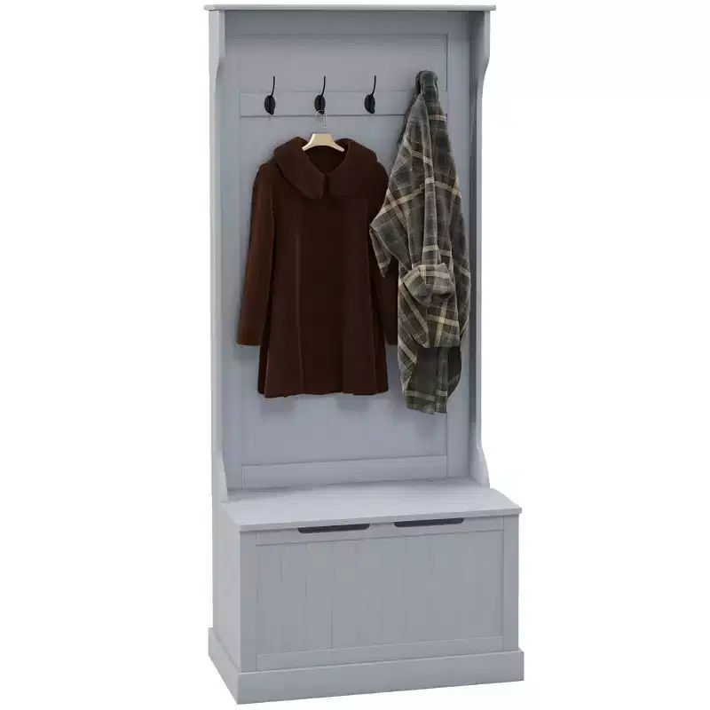 28 in Entryway Hall Tree with 4 Metal Hooks, Coat Tree with Shoe Storage and Top Door, Freestanding Coat Rack for Living Room, Entryway, Gray