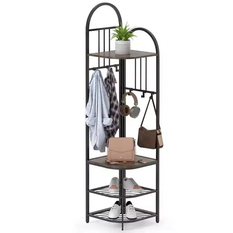 4-Tier Corner Hall Tree with Shoe Bench & 6 Hooks – Brown / Natural / White – 1 Person