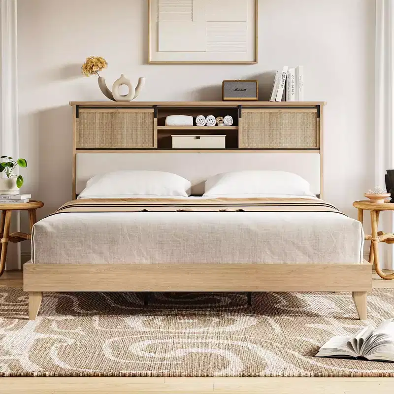 Bed Frame with Shelves, Solid Wood Platform Bed Frame, Natural Rattan Headboard & Sliding Door Storage